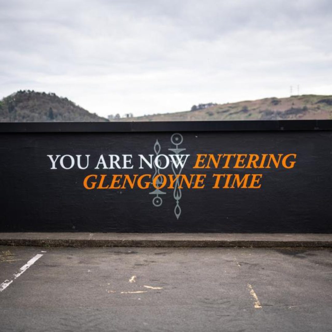 Text on an external wall saying "you are now entering Glengoyne Time"